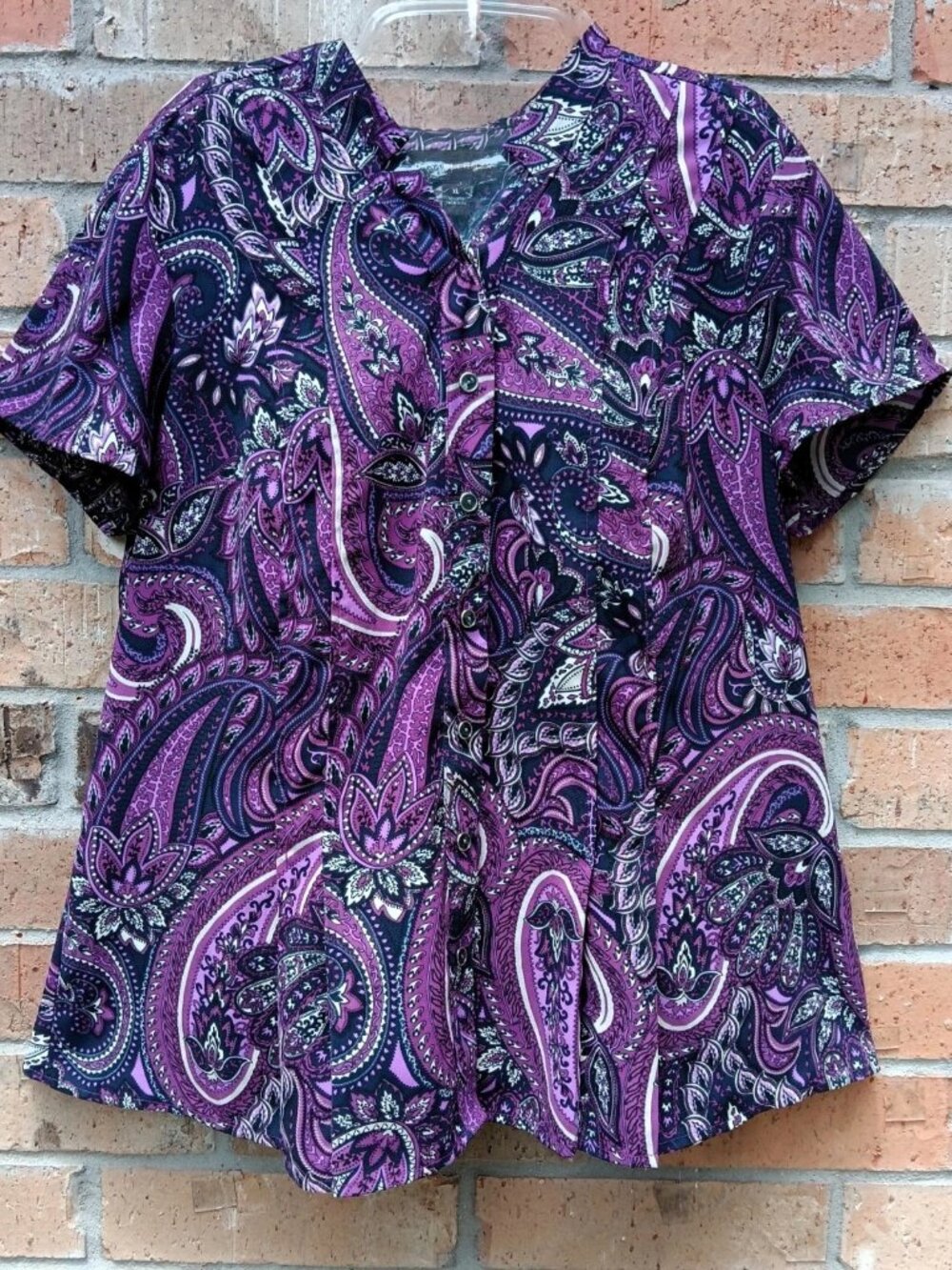 Dana Buchman Womens Top Blouse Button Front Short Sleeves Purple Paisley Size XL